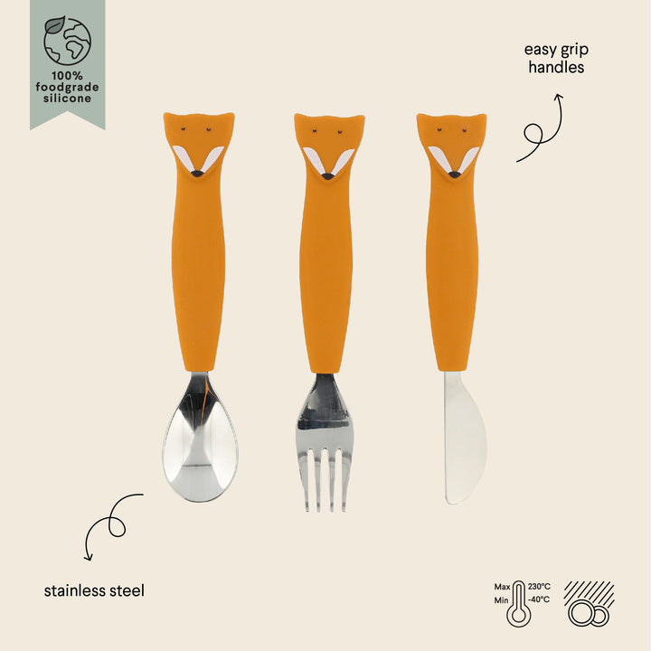 Trixie Mr. Fox siliconen bestek voor kinderen, inclusief vork, lepel en mes met vrolijke dierenthema.