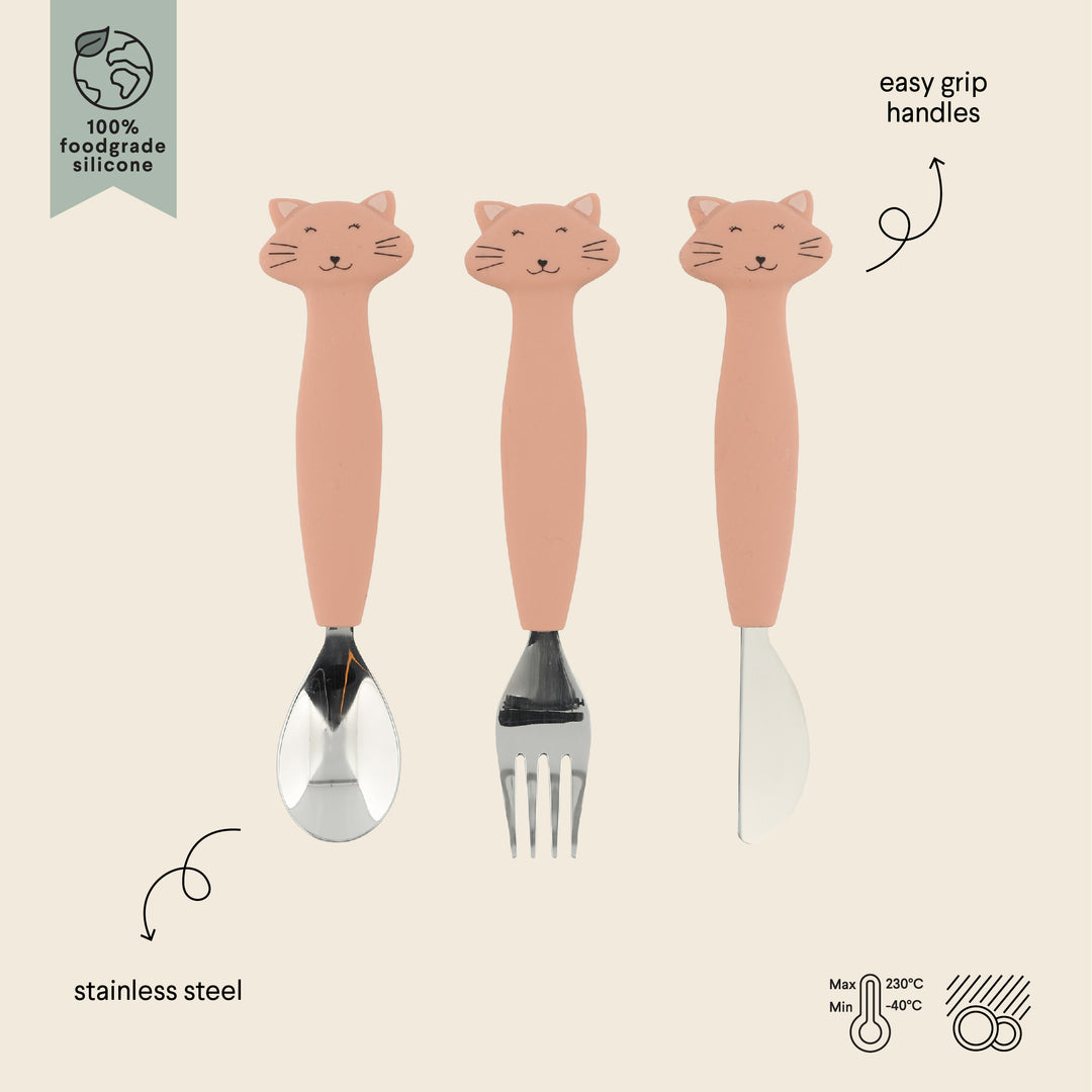Trixie Mrs. Cat siliconen bestek voor kinderen, inclusief vork, lepel en mes met vrolijke dierenthema.