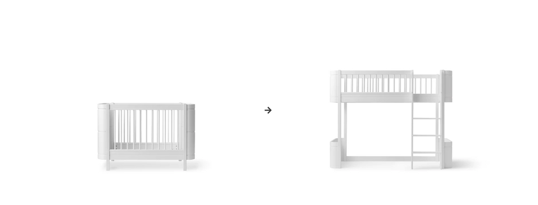 Oliver Furniture conversieset transformeert een Mini+ Basic Bed in een wit Mini+ Low Loft Bed, ideaal voor creatieve speelruimte.