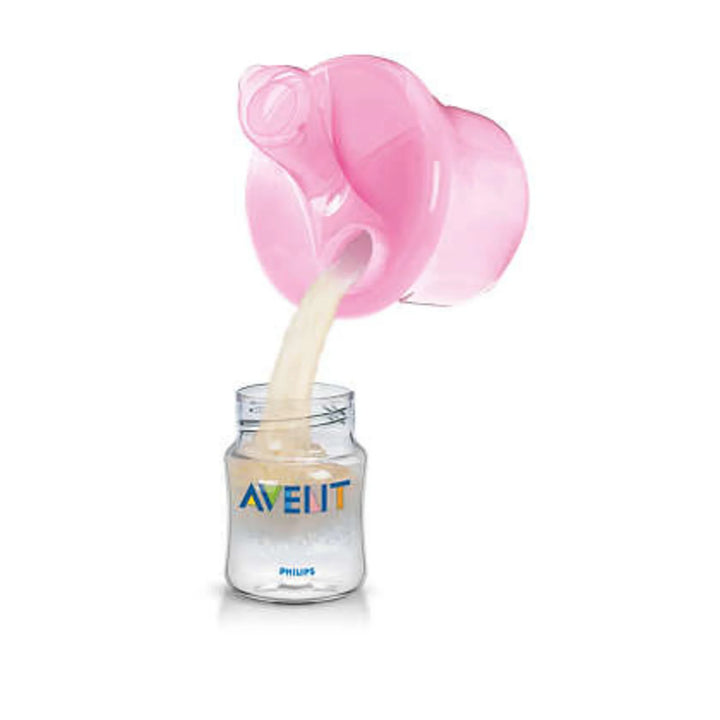 Avent Melkpoederverdeeldoos in roze met drie luchtdichte compartimenten, BPA-vrij, geschikt voor sterilisatie, magnetron en vaatwasmachine.
