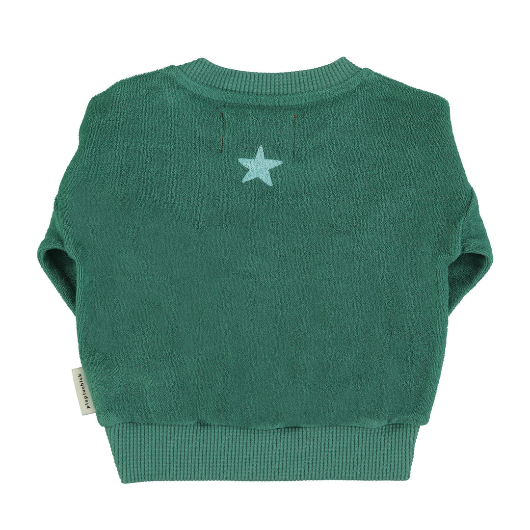 Donkergroene baby sweater van Piupiuchick met Camp Tapawingo print en ribafwerking