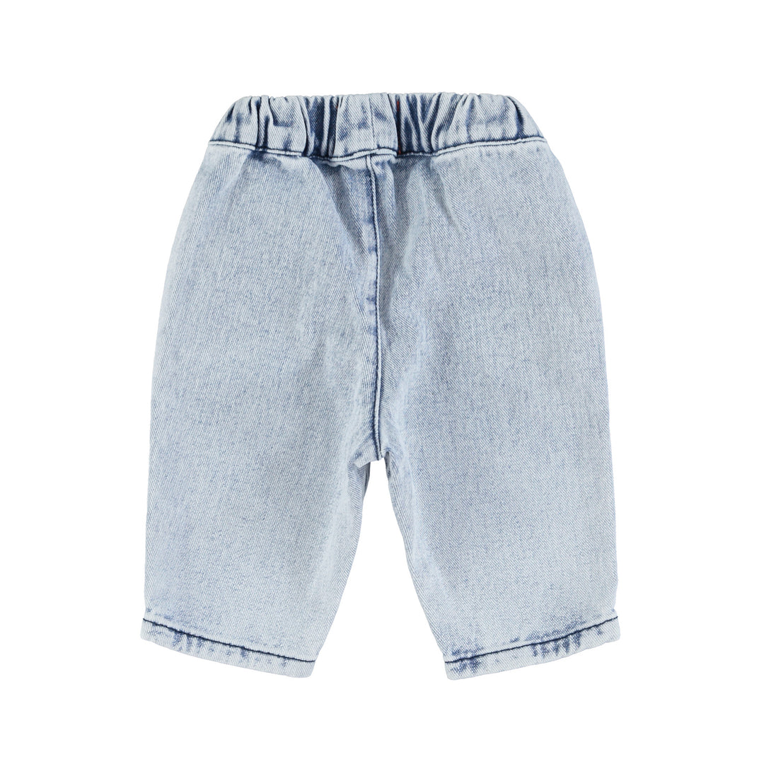 Jeansblauwe babybroek van Piupiuchick met houten knopen en elastische tailleband