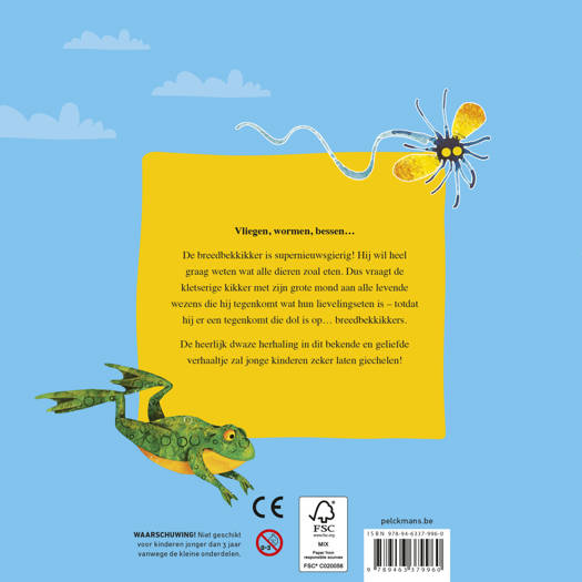 Cover van 'De Breedbekkikker' door Pelckmans, een humoristisch prentenboek over een kikker die leert over dieren en hun favoriete eten