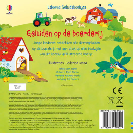 Geluidenboek Geluiden Op De Boerderij met drukknoppen, voeltexturen en doorkijkgaten