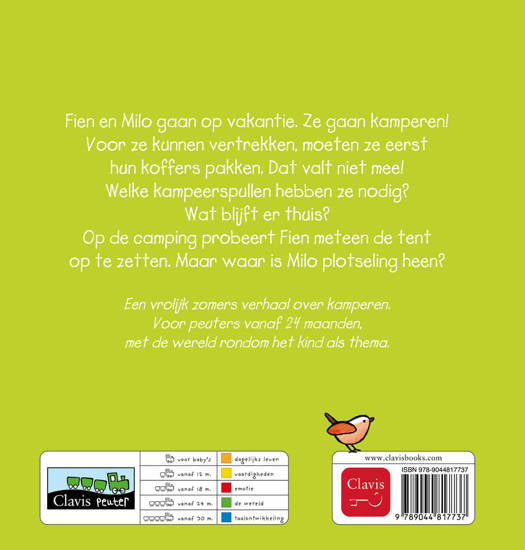 Cover van 'Kamperen Met Fien En Milo' door Clavis, een kinderboek over kamperen met kleurrijke illustraties van Fien en Milo