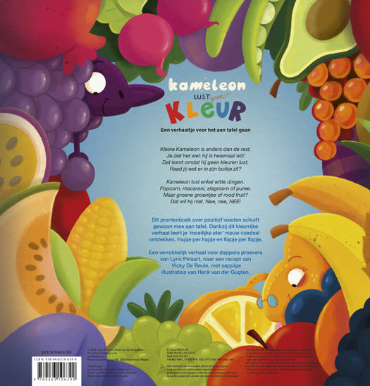 Cover van Pelckmans 'Kameleon Lust (Geen) Kleur', een prentenboek over een kieskeurige kameleon, geïllustreerd door Henk van der Gugten