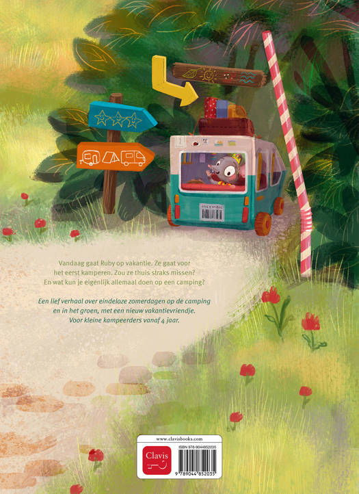 Boekcover van Clavis' Ruby Gaat Kamperen met illustratie van Ruby op een camping