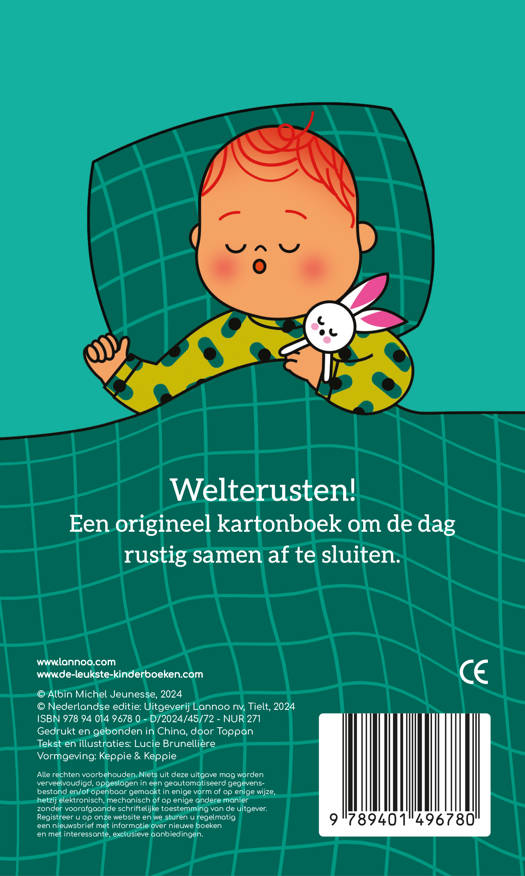 Cover van Ploegsma's 'Welterusten', een voorleesboek dat kinderen toedekt en lichaamsdelen benoemt voor het slapengaan
