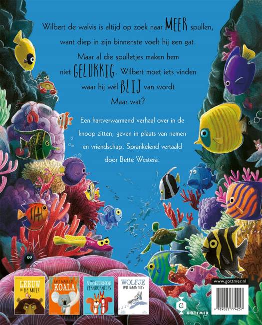 Cover van het prentenboek ‘De Walvis Wilde Meer’ met kleurrijke oceaanillustratie van walvis en krab