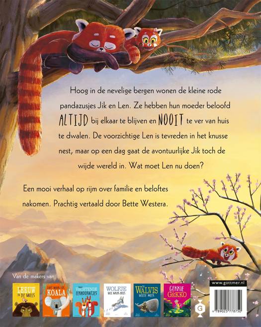 Prentenboek ‘Beloofd is beloofd, kleine panda’s’ met kleurrijke illustraties van panda’s op een bergtop