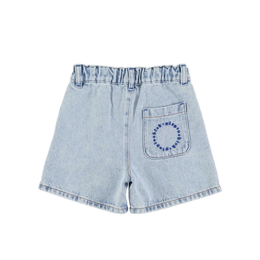 Blauwe denim short van Piupiuchick met zijzakken en geborduurd logo op de achterzak