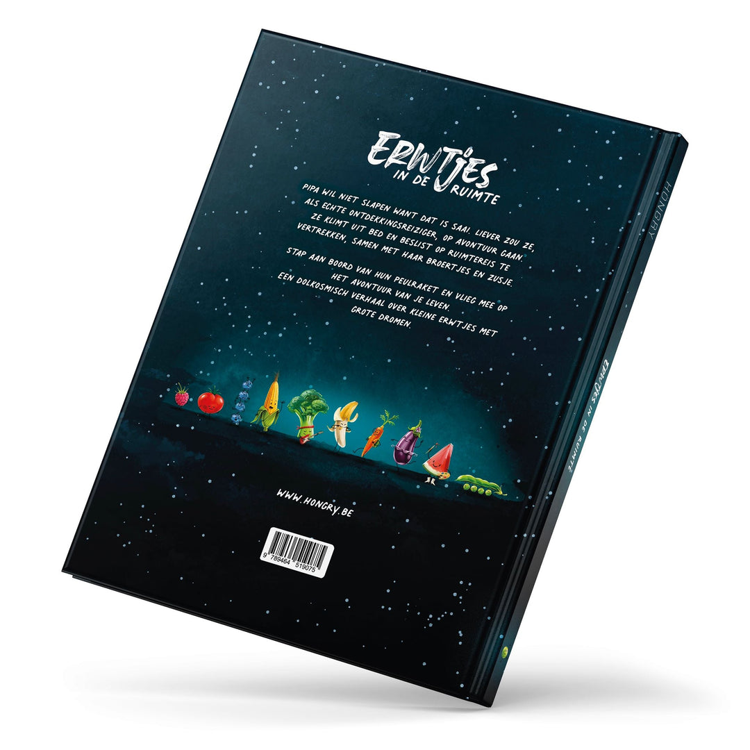 Boek "Erwtjes In De Ruimte" van Hongry, met Pipa de erwt die op ruimteavontuur gaat