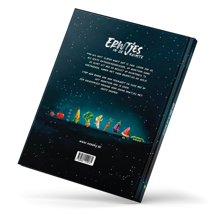 Boek "Erwtjes In De Ruimte" van Hongry, met Pipa de erwt die op ruimteavontuur gaat