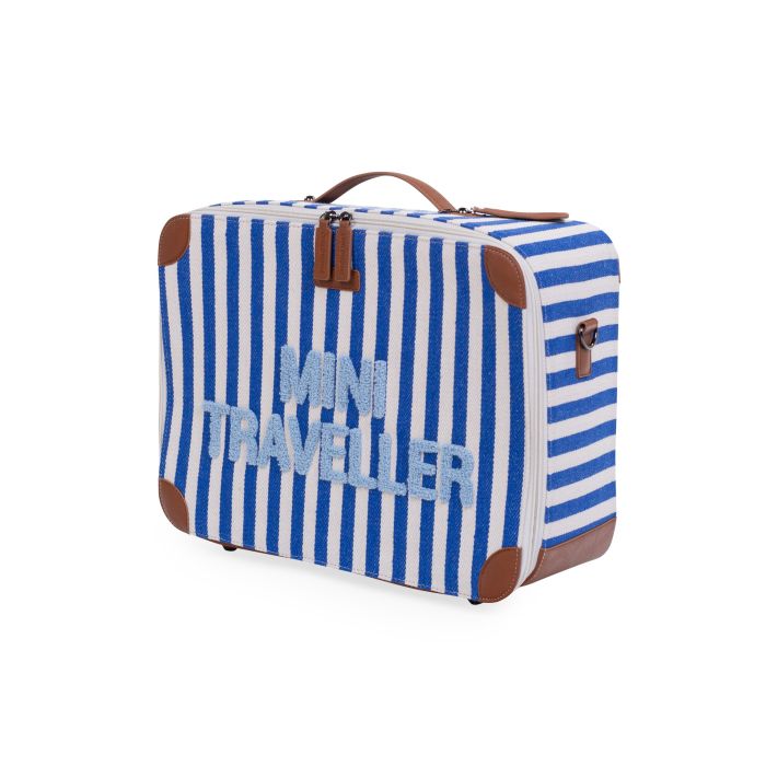 Childhome Kids Mini Traveller koffer in Stripes Electric Blue / Light Blue met draagriem