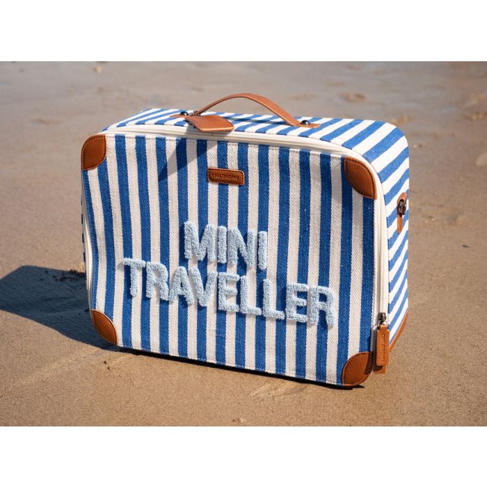 Childhome Kids Mini Traveller koffer in Stripes Electric Blue / Light Blue met draagriem
