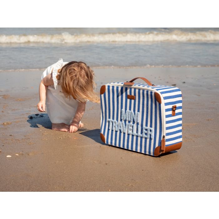 Childhome Kids Mini Traveller koffer in Stripes Electric Blue / Light Blue met draagriem