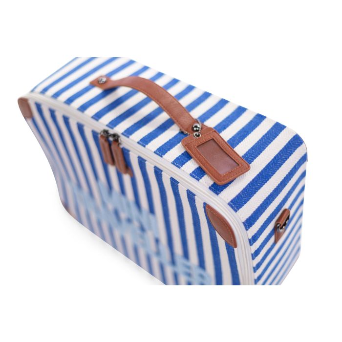 Childhome Kids Mini Traveller koffer in Stripes Electric Blue / Light Blue met draagriem