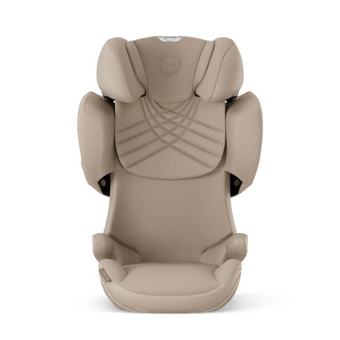 Cybex Solution T i-Fix Plus autostoel in Cozy Beige met verstelbare hoofdsteun en zijdelingse impactbescherming.
