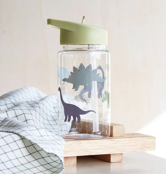 Transparante A Little Lovely Company drinkfles met dinoprint en rietje, 450 ml