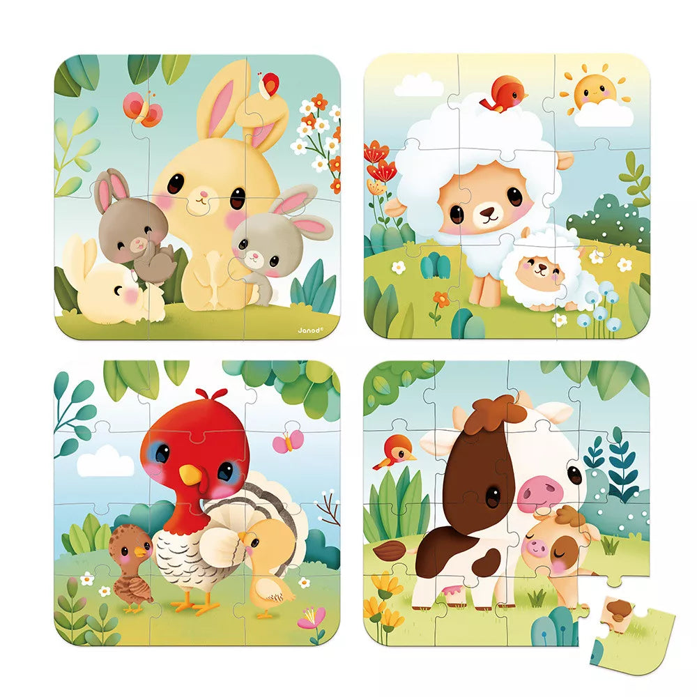 Janod Puzzel Farm Animals - Set van 4 Evoluerende Boerderij Puzzels voor Kinderen