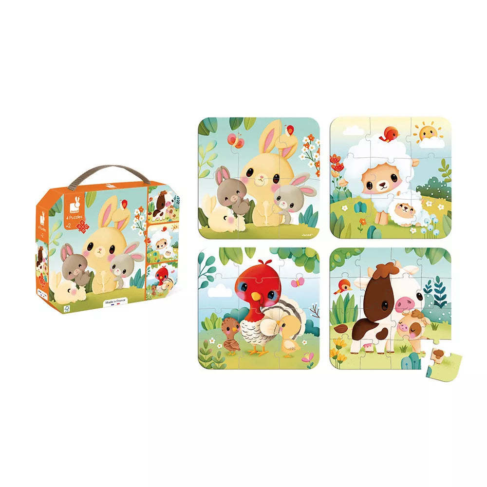 Janod Puzzel Farm Animals - Set van 4 Evoluerende Boerderij Puzzels voor Kinderen