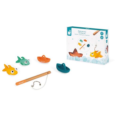 Janod Bad Spel Fish Them All, visspel met hengel en vier waterspuiters, geschikt voor kinderen vanaf 2 jaar.