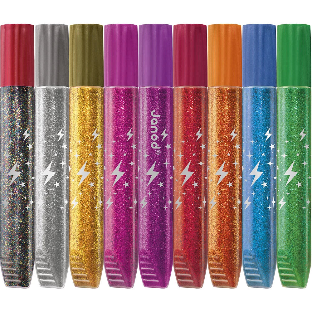 Janod glitterlijm set met 9 kleurrijke tubes en precisiepunt