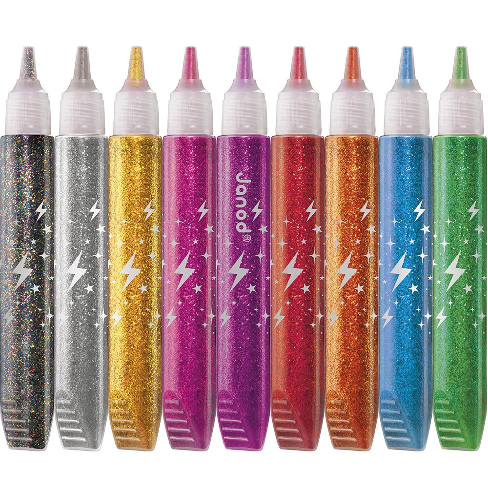 Janod glitterlijm set met 9 kleurrijke tubes en precisiepunt