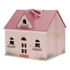 Little Dutch draagbaar houten poppenhuis in roze, compleet met meubels en handvat voor eenvoudig vervoer.