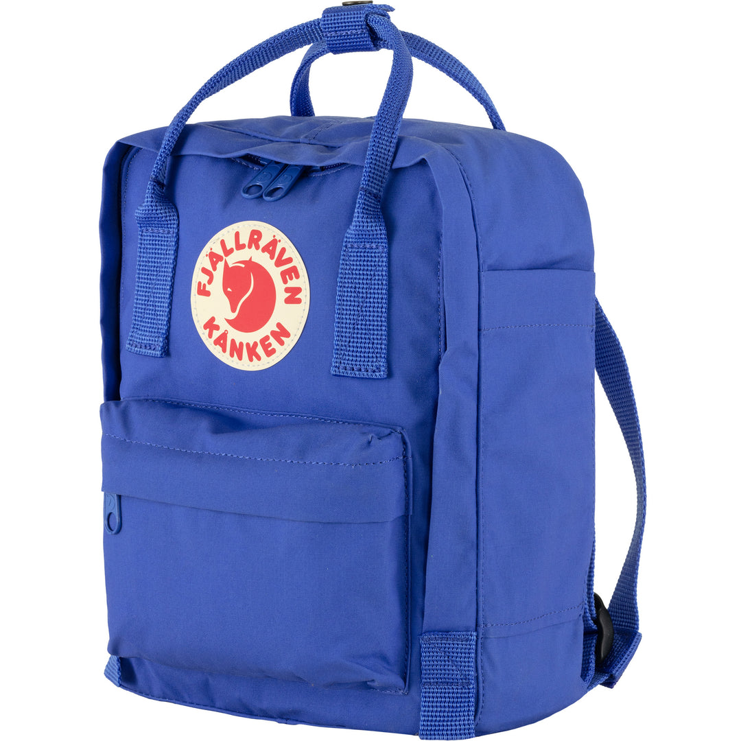 Kånken Mini rugzak in Cobalt Blue met reflecterend logo, zijvakken en handgreep