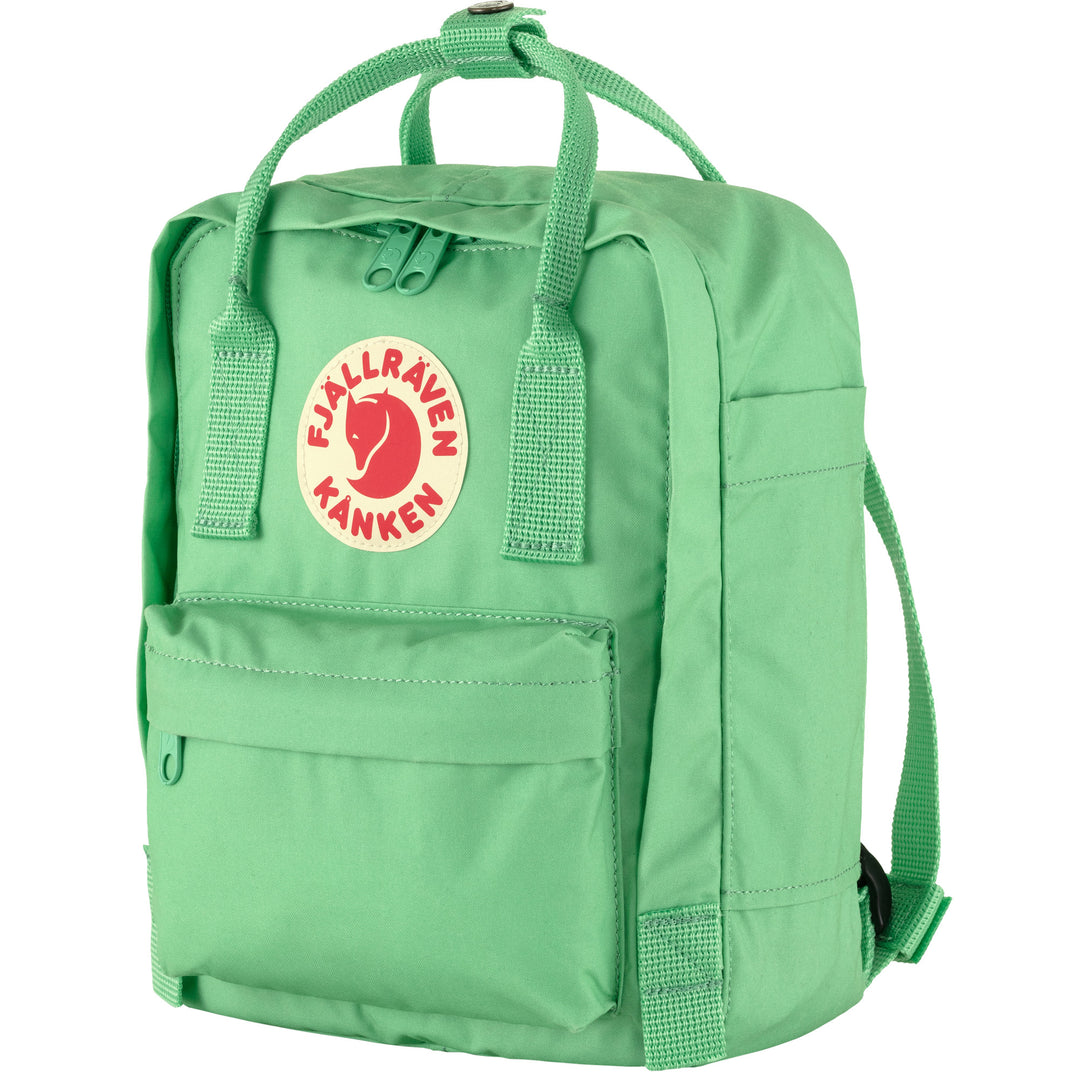 Kånken Mini rugzak in Apple Mint met reflecterend logo, zijvakken en handgreep