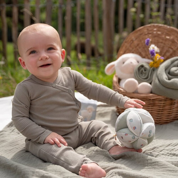 Little Dutch Grijpbal met boerderijthema en kleurrijke labels, geschikt voor baby's.