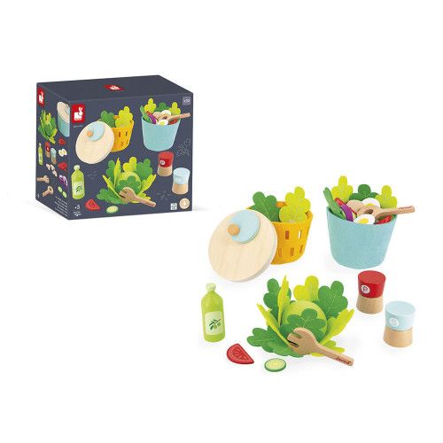 Janod Gemixte Salade speelset met houten en vilten ingrediënten, inclusief draaiende slacentrifuge en salade-accessoires, geschikt vanaf 3 jaar.