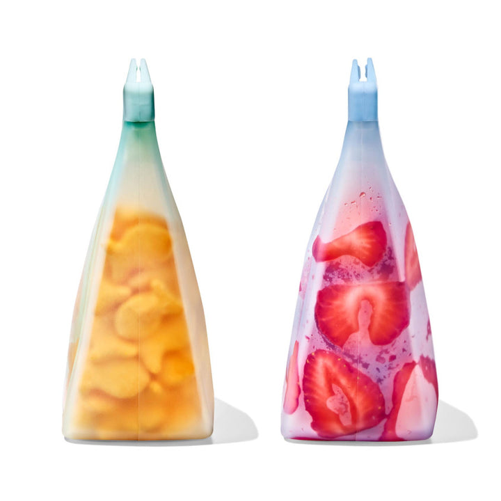 Oxo Tot silicone bewaarzakjes 2-pack Opal/Dusk, staand model met lekvrije sluiting
