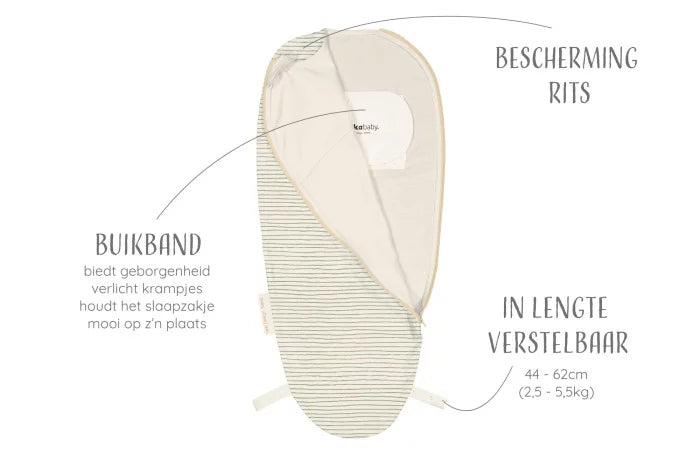 Puckababy Inbakerslaapzak The Original Piep Cotton in Green Stripes, veilig en comfortabel voor baby’s van 0-3 maanden.