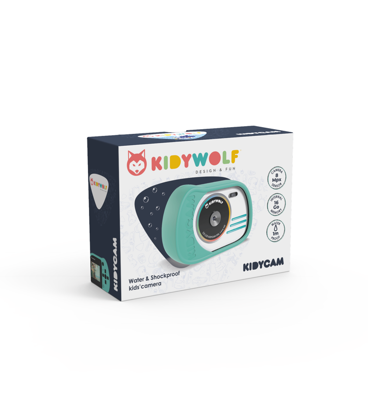 Kidywolf Waterdichte Camera KidyCam in cyan, geschikt voor kinderen, met waterdichte en stootbestendige behuizing