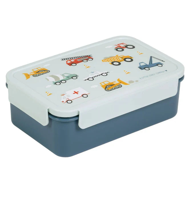Roze bento lunchbox met voertuigenprint van A Little Lovely Company met uitneembare vakjes