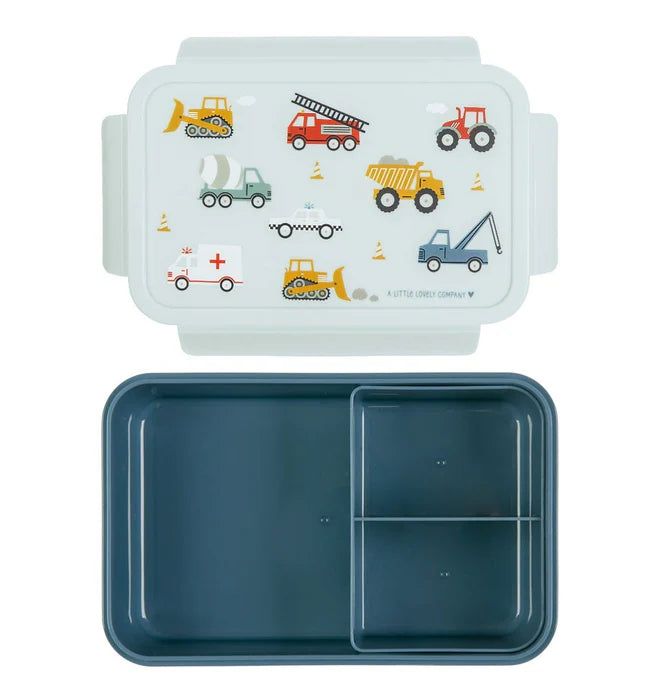 Roze bento lunchbox met voertuigenprint van A Little Lovely Company met uitneembare vakjes