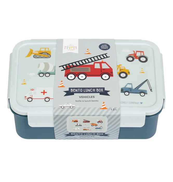 Roze bento lunchbox met voertuigenprint van A Little Lovely Company met uitneembare vakjes