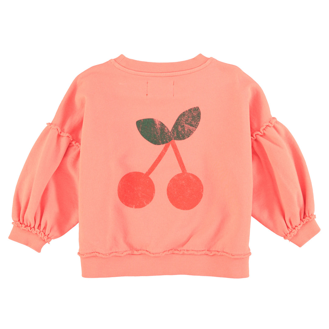 Roze sweater van Piupiuchick met Senior print, ruches op de mouwen en kersenprint op de achterkant