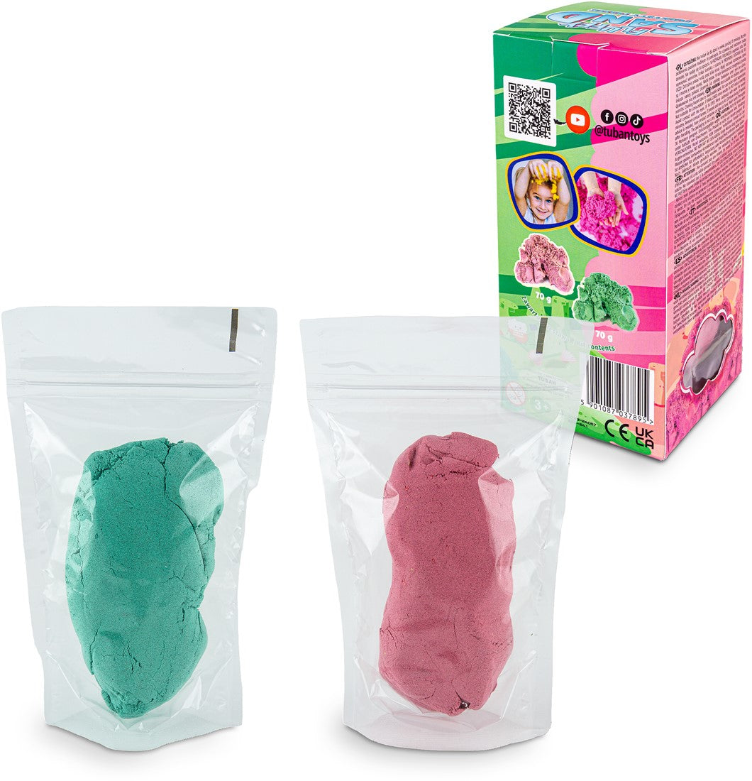 Tuban Fluffy Zand set in roze en groen, 140g, stimuleert creativiteit en ruikt naar kauwgom