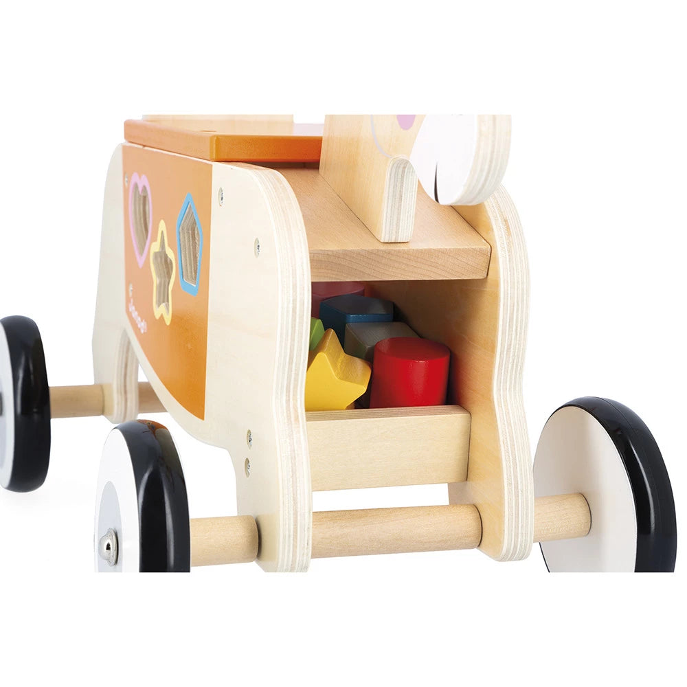 Houten loopwagen ezel van Janod met vormendoos voor baby’s vanaf 12 maanden
