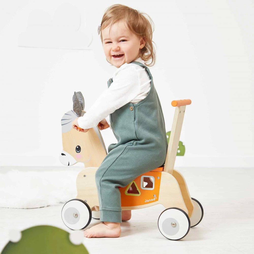 Houten loopwagen ezel van Janod met vormendoos voor baby’s vanaf 12 maanden