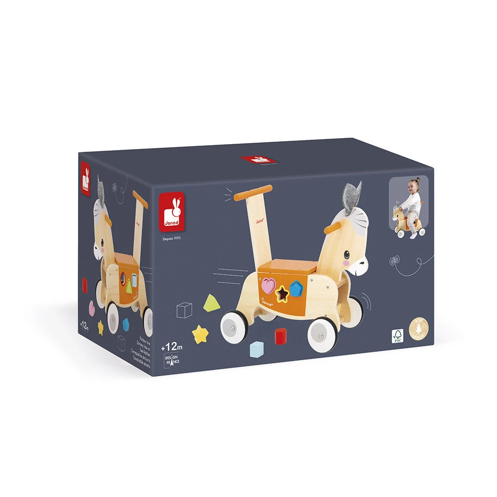 Houten loopwagen ezel van Janod met vormendoos voor baby’s vanaf 12 maanden
