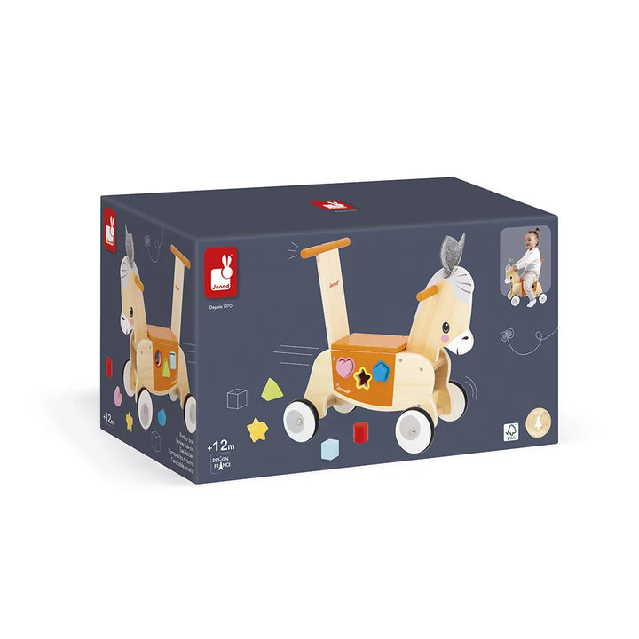 Houten loopwagen ezel van Janod met vormendoos voor baby’s vanaf 12 maanden